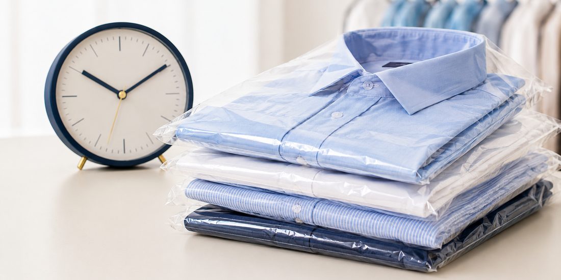 Folded pressed shirts and clock, same-day dry cleaning in Rockville MD