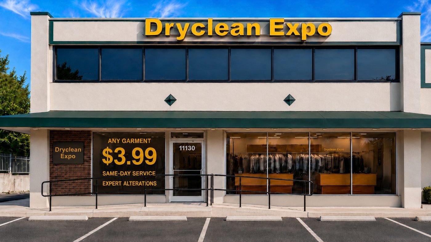 Dry Clean Expo storefront at 11130 Rockville Pike, Rockville MD, with free parking in front